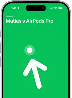 iPhone 17 Pro, Find My with Precision Finding screen, text:Matias's AirPods Pro