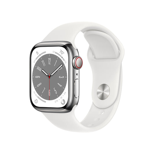 Apple Watch Series 8 GPS + Cellular 41mm Silver Stainless Steel Case with White Sport Band - Regular Apple Watch Series 8 GPS + Cellular 41mm Silver Stainless Steel Case with White Sport Band - Regular