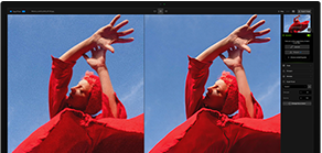 Studio Display screen showcases two versions of the same image, image on right has been made clearer than image on right using AI