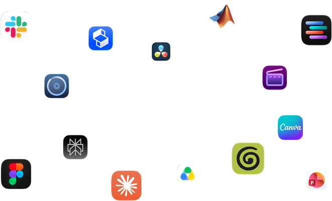 Various app glyphs are arranged around text that reads: Apps fly on macOs