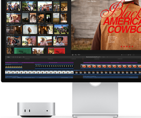 Mac mini paired with Studio Display, screen shows a title screen from a film titled Black American Cowboy on the right, several image stills on the left
