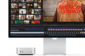 Mac mini paired with Studio Display, screen shows a title screen from a film titled Black American Cowboy on the right, several image stills on the left