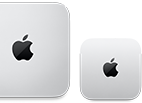 Two Mac mini devices, top, silver aluminum, rounded corners, glossy black Apple logo centered, device on left is updated release and less than half the size of device on right