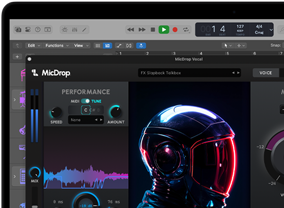 Screen content demonstrating MicDrop software using AI features to edit a vocal recording on a MacBook Pro
