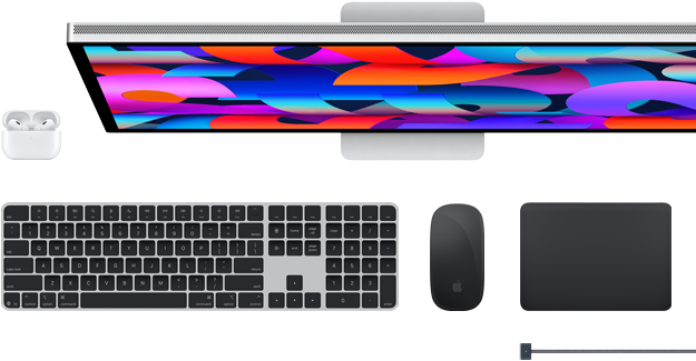 Mac accessories:Airpods, Studio Display, Magic Keyboard, Magic Mouse, Magic Trackpad, MagSafe charge cable in Space Black