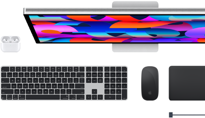 Mac accessories:Airpods, Studio Display, Magic Keyboard, Magic Mouse, Magic Trackpad, MagSafe charge cable in Space Black