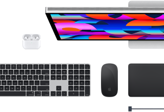 Mac accessories:Airpods, Studio Display, Magic Keyboard, Magic Mouse, Magic Trackpad, MagSafe charge cable in Space Black