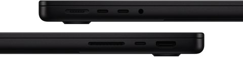 Showing the ports on MacBook Pro — left side:MagSafe 3, two Thunderbolt ports, and headphone jack — right side:SDXC card slot, one Thunderbolt port, and HDMI