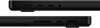 Showing the ports on MacBook Pro — left side:MagSafe 3, two Thunderbolt ports, and headphone jack — right side:SDXC card slot, one Thunderbolt port, and HDMI