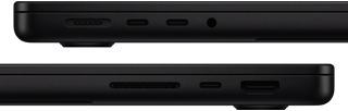 Showing the ports on MacBook Pro — left side:MagSafe 3, two Thunderbolt ports, and headphone jack — right side:SDXC card slot, one Thunderbolt port, and HDMI