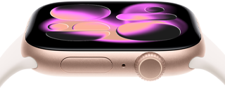 Apple Watch Series 11, aluminum rose gold case, Responsive Art watch face, right side exterior:Digital Crown, microphone, side button, light blush Sport Band