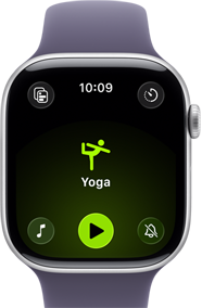 Apple Watch Series 11, aluminum silver case, Yoga Workout open, right side exterior:Digital Crown, purple fog Sport Band