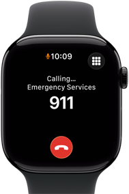 Apple Watch Series 11, aluminum jet black case, emergency call to 911 on screen, right side exterior:Digital Crown, black Sport Band