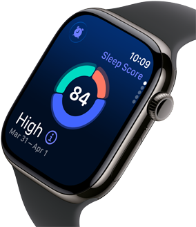 Up close Apple Watch Series 11 with a titanium slate case, showing sleep score on screen