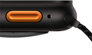 Apple Watch Ultra 3, black color, titanium case, convex sensor on back, left side exterior, Action button, siren