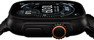 Apple Watch Ultra 3, side exterior, black titanium case, compass on Orienteering watch face, side button and digital crown