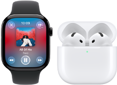 Apple Watch Series 11, titanium slate case, band:black sport band, Apple Music app open, paired with AirPods 4