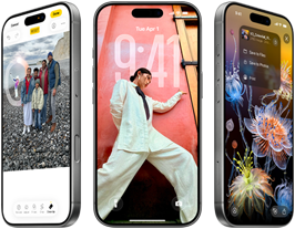 3 iPhone 17 Pro models, front exterior, side by side, demonstrating iOS 26, liquid glass affect and Apple Intelligence feature