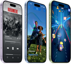 iPhone 17 devices, exterior front, exterior side, demonstrating Apple Music, video playback, gaming, buttons:Action button, volume