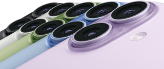 iPhone 17, exterior rear, Fusion dual-camera system, all five colors overlapping:Black, White, Sage, Mist Blue, and Lavender