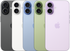 iPhone 17, exterior rear, Fusion dual-camera system, all five colors overlapping:Black, White, Mist Blue, Sage, and Lavender