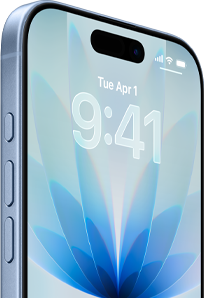 iPhone 17, exterior front, Blue Mist color, Dynamic island centered, buttons:action button, volume