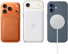 iPhone 17 Pro, back exterior, Cosmic Orange color, FineWoven Wallet with MagSafe in Fox Orange color;iPhone Air, back exterior, Light Gold color, with Magsafe Battery;iPhone 17, back exterior, Mist Blue color, with Silicone Case in Anchor Blue color and MagSafe Charger