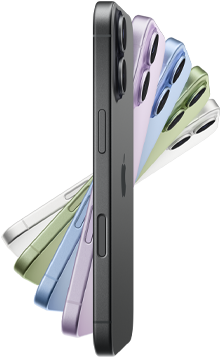 iPhone 17, exterior side, five colors:Black, Lavender, Mist Blue, Sage, and White