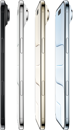 iPhone Air, side exterior, all four finishes, Sky Blue, Light Gold, Cloud White, Space Black, very thin profile, Fusion camera system, buttons:side, Camera Control