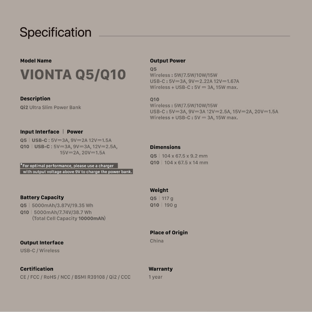 VIONTA Q10-Qi2 Ultra-Slim Power Bank - Titanium