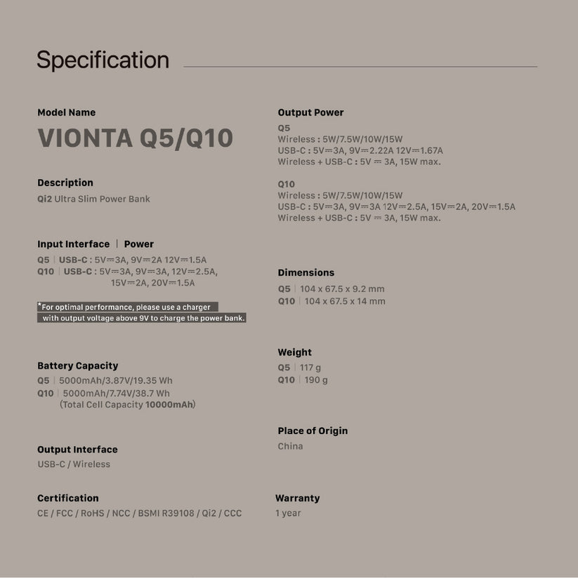 VIONTA Q10-Qi2 Ultra-Slim Power Bank - Titanium