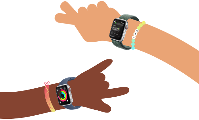 Activity rings on Apple Watch SE, worn on a cartoon child's arm. Messages app on Apple Watch SE, worn on a cartoon child's arm