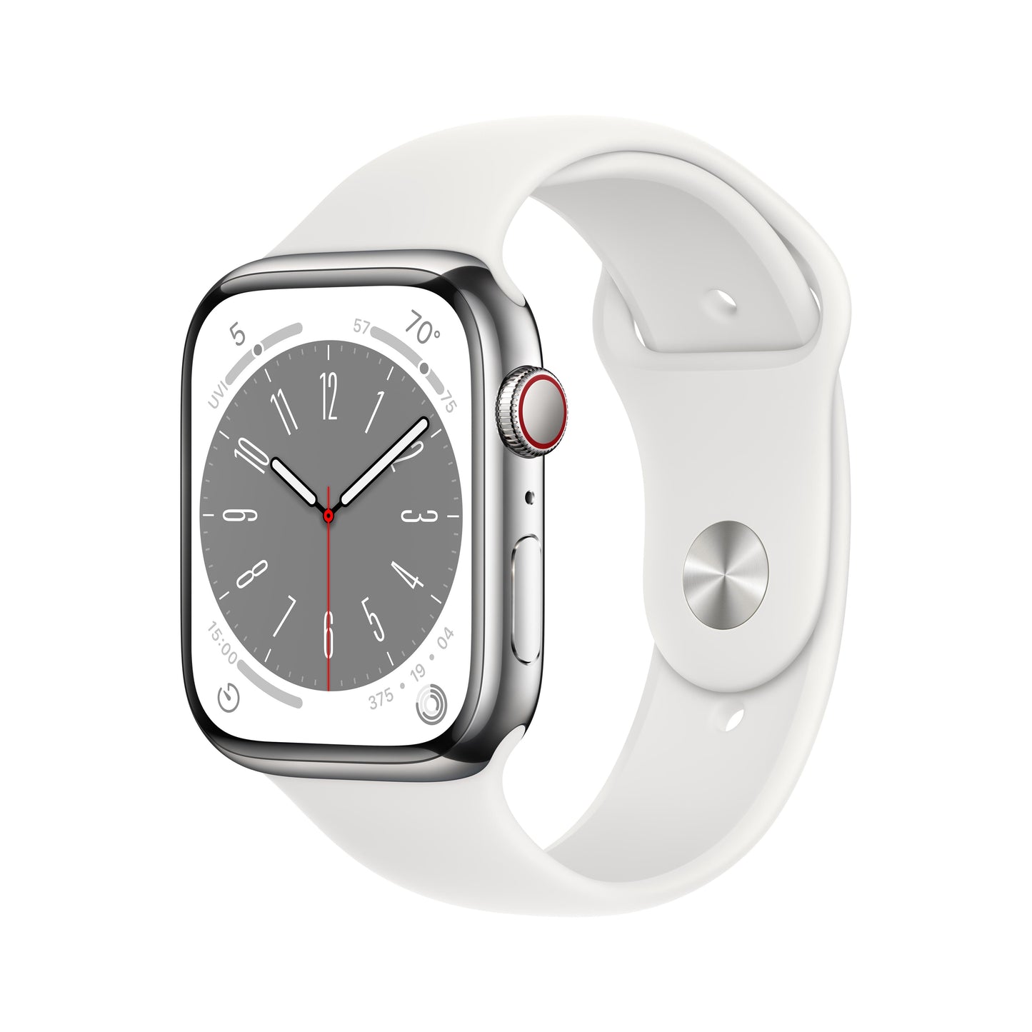 Apple Watch Series GPS Cellular 45mm Silver Stainless Steel Case with White Sport Band Regular