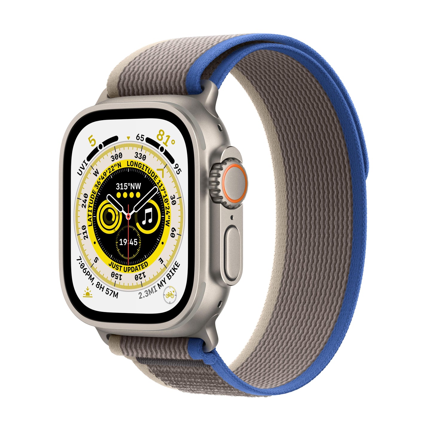 Apple Watch Ultra GPS Cellular, 49mm Titanium Case with Blue/Grey Trail Loop M/L