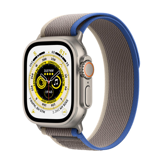 Apple Watch Ultra GPS + Cellular, 49mm Titanium Case with Blue/Grey Trail Loop - S/M