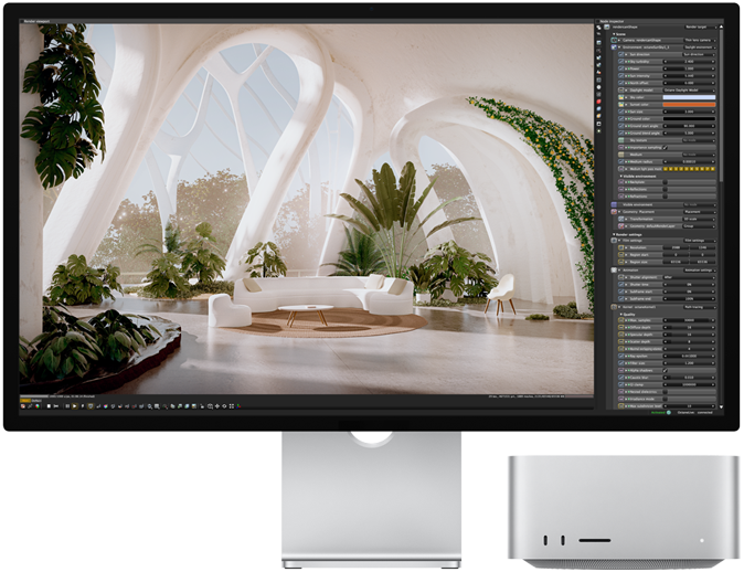 Front view of Studio Display next to Mac Studio