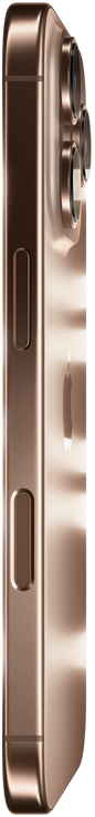 iPhone 16 Pro in Desert Titanium finish, side exterior, Apple logo in center, raised Pro camera system, Side button, Camera Control button